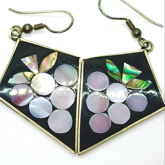 Vintage Mexican Silver Mother of Pearl Abalone Shell and Enamel Earrings Grapes - Picture 3 of 8